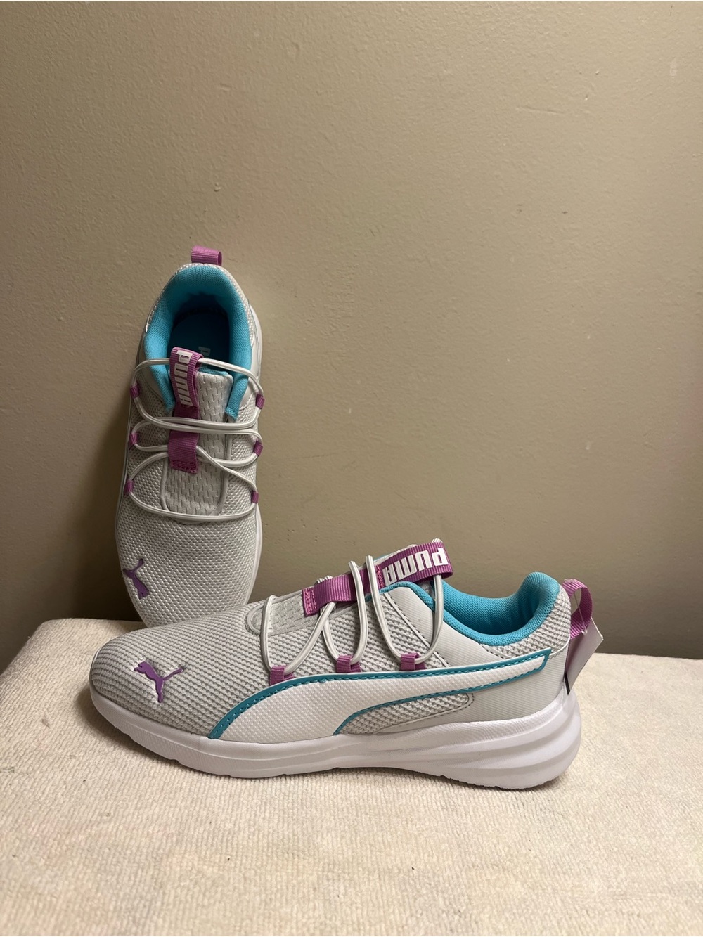 Puma White Kids Sneakers with Purple and Teal Accents
